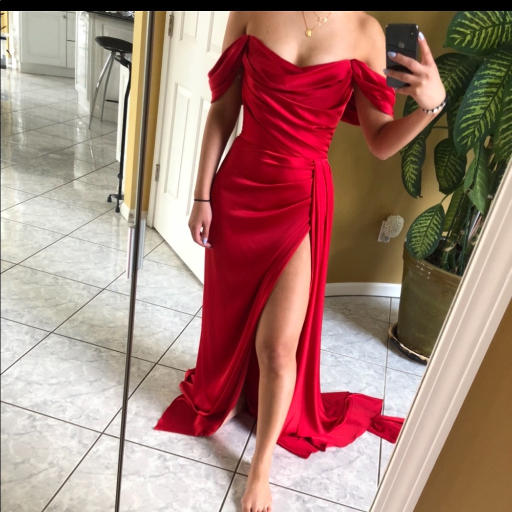 ALFABETA OFF SHOULDER THIGH SLIT RED DRESS